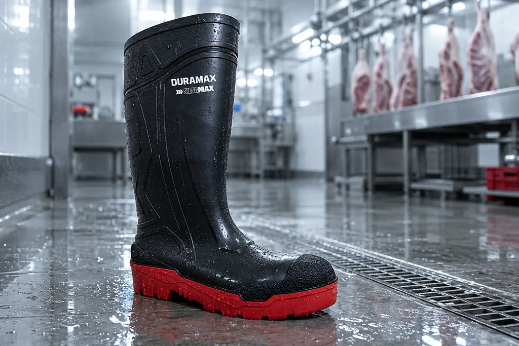 Bota Siena Max de PVC negra con suela roja en el área de proceso de una planta de alimentos