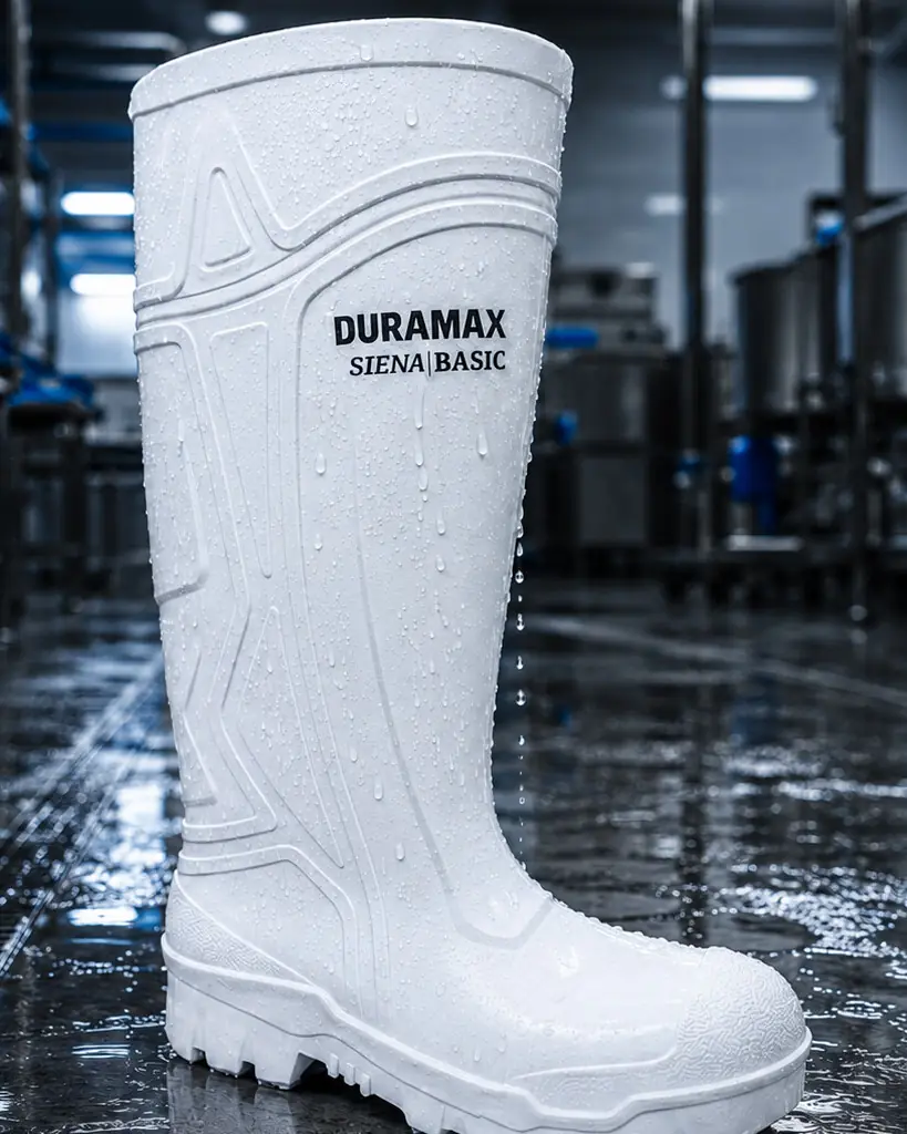 Bota Siena Basic de PVC blanca, mojada, en una planta de proceso